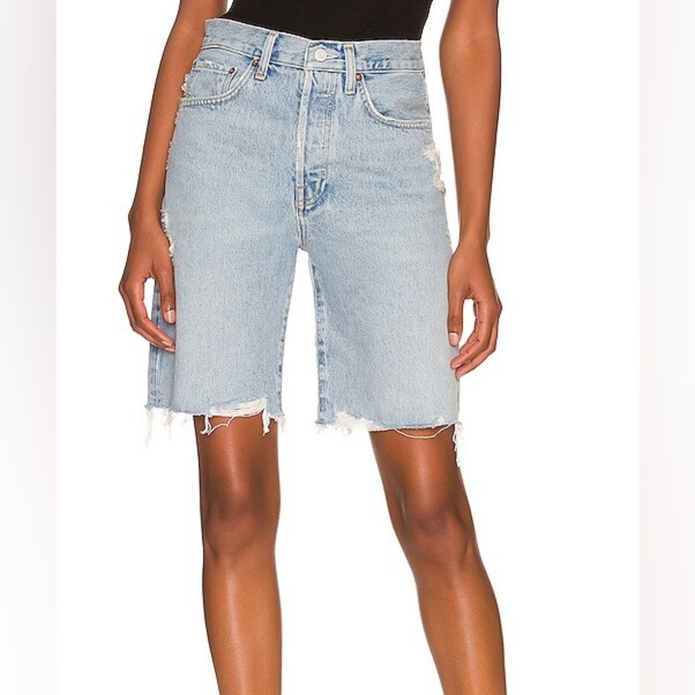 AGOLDE Light Blue Distressed Long Jean Shorts